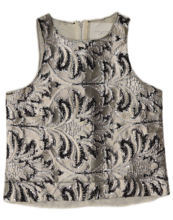 Blusa feminina vintage sem mangas Top UK 10 poliéster paisley cinza pequeno
