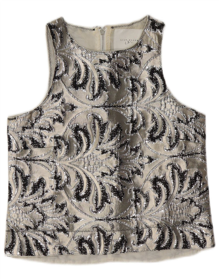 Blusa feminina vintage sem mangas Top UK 10 poliéster paisley cinza pequeno