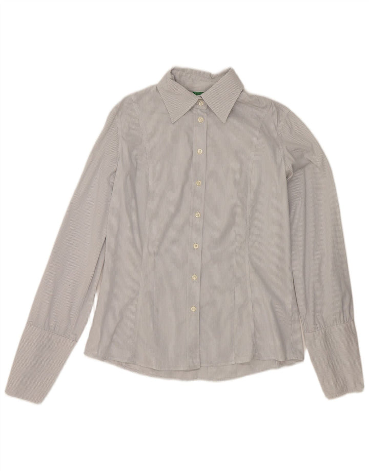Camisa formal feminina Benetton Reino Unido 16 grande listrada azul