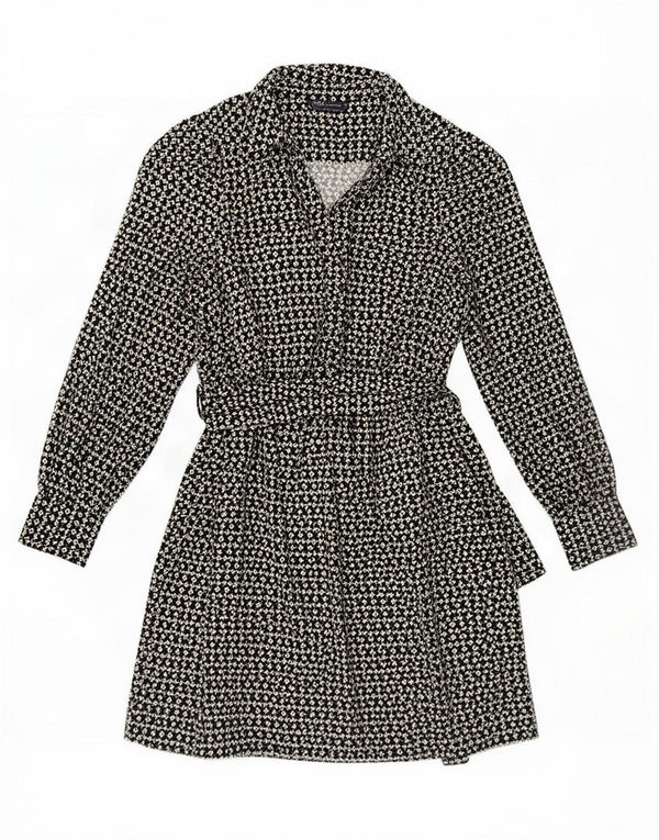 Vestido feminino Marks & Spencer manga comprida evasê Reino Unido 10 pequeno preto geométrico