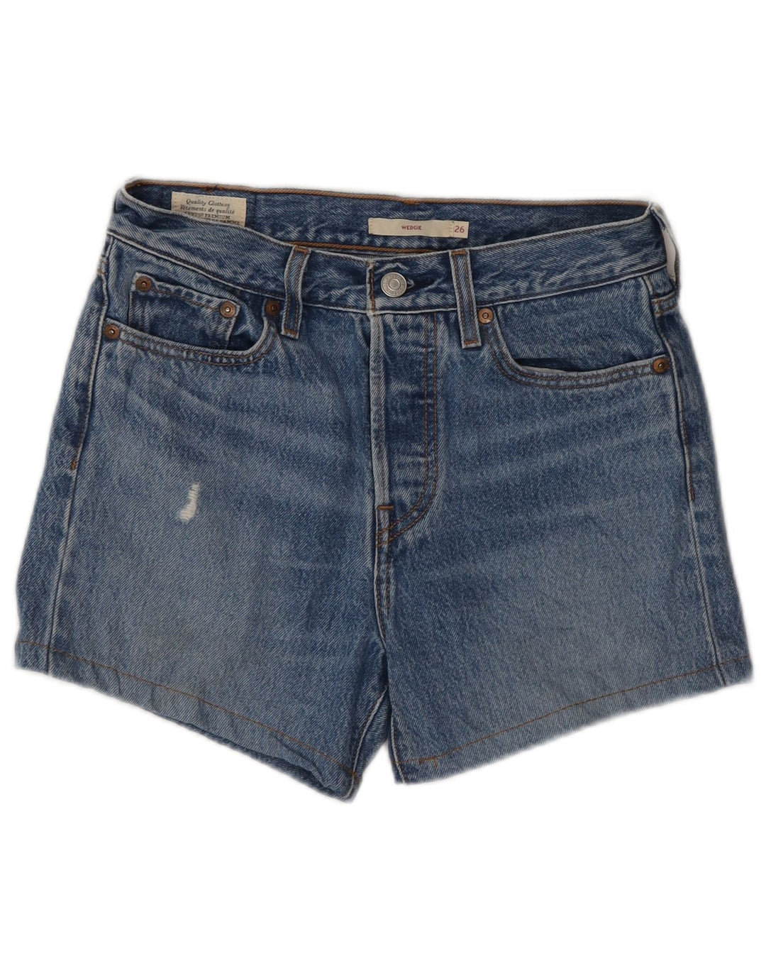 Shorts jeans feminino Levi's Wedge Distressed W26 pequeno algodão azul