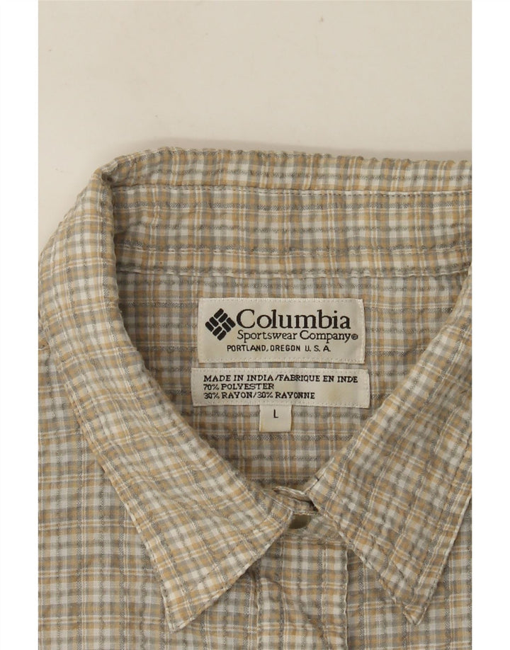 Camisa feminina de manga curta COLUMBIA Reino Unido 16 grande poliéster xadrez bege
