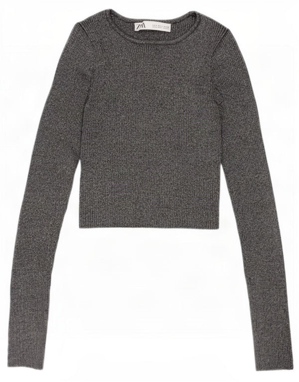 Blusa cropped feminina Zara UK 8 pequena viscose manchada prateada