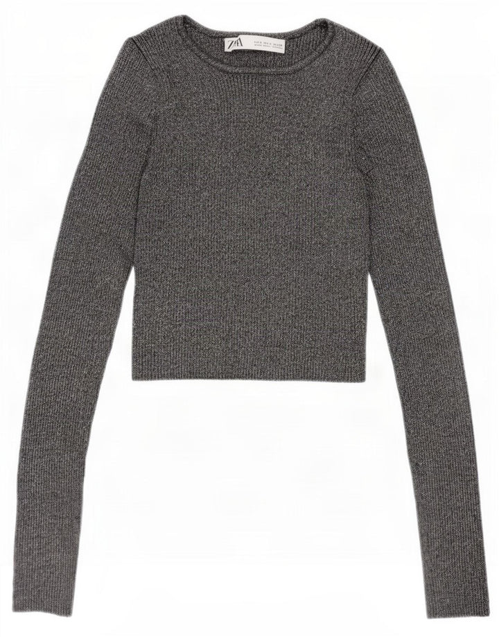 Blusa cropped feminina Zara UK 8 pequena viscose manchada prateada