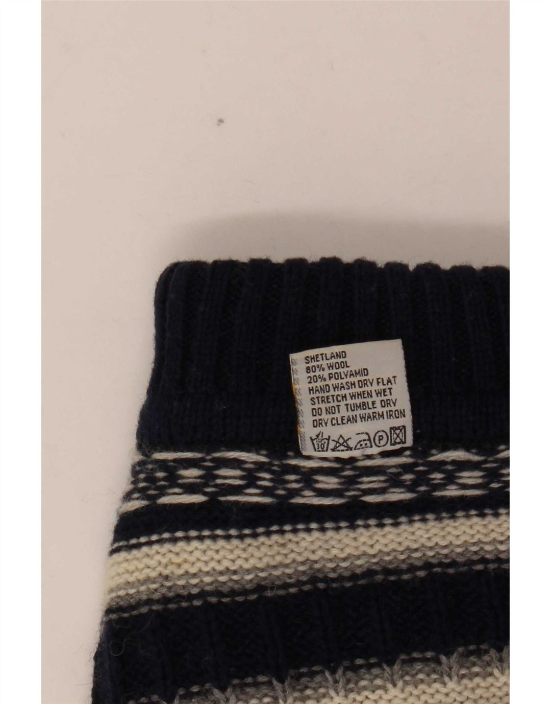 Suéter vintage masculino com gola redonda, lã listrada azul marinho médio