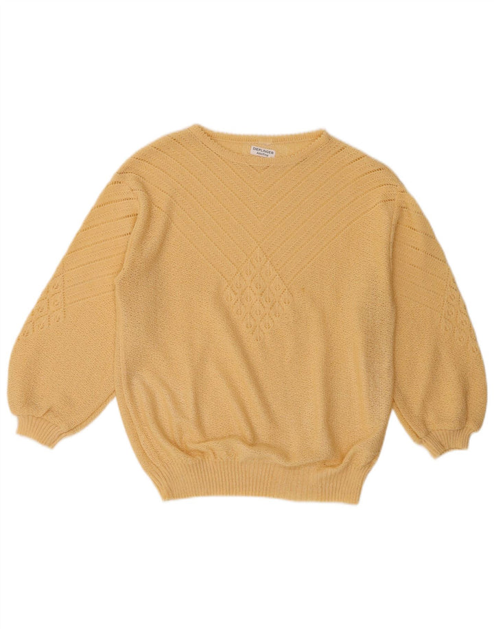 Suéter feminino vintage com gola canoa UK 12 amarelo médio