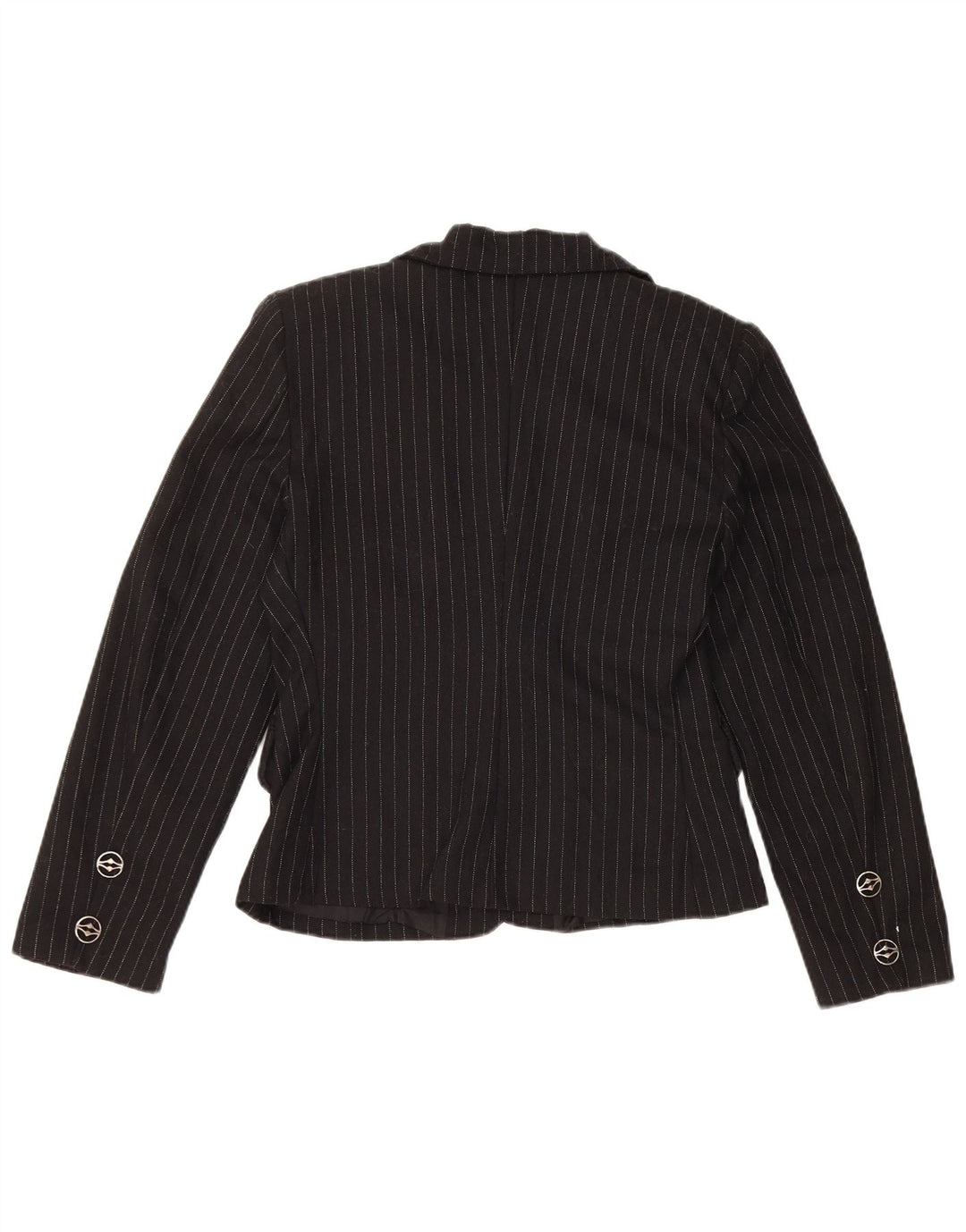 Jaqueta blazer feminina vintage com 3 botões Reino Unido 10 pequena viscose preta listrada