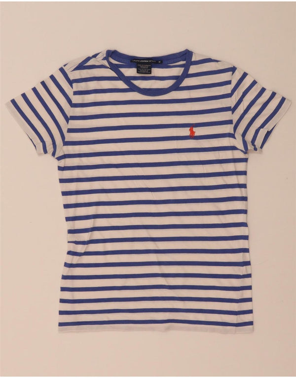 Camiseta feminina Ralph Lauren UK 12 algodão listrado branco médio