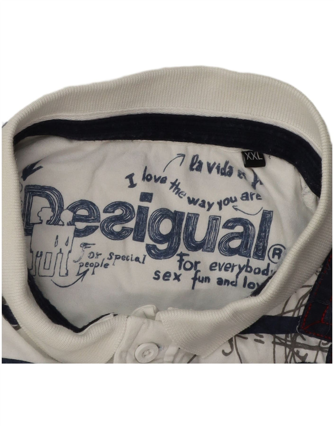 DESIGUAL Camisa polo masculina gráfica 2XL listrada branca