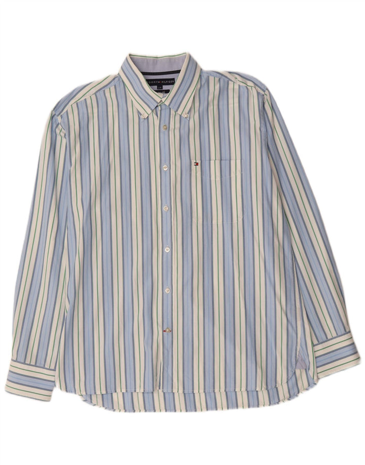 Camisa masculina Tommy Hilfiger grande algodão listrado azul