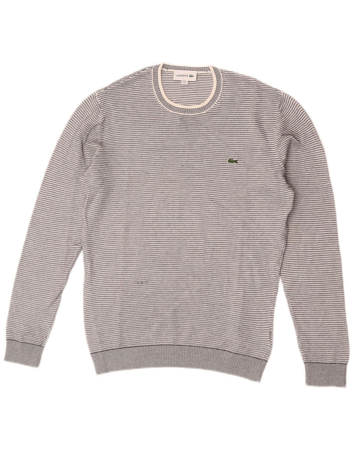 Suéter masculino Lacoste com gola redonda tamanho 3 pequeno algodão listrado cinza