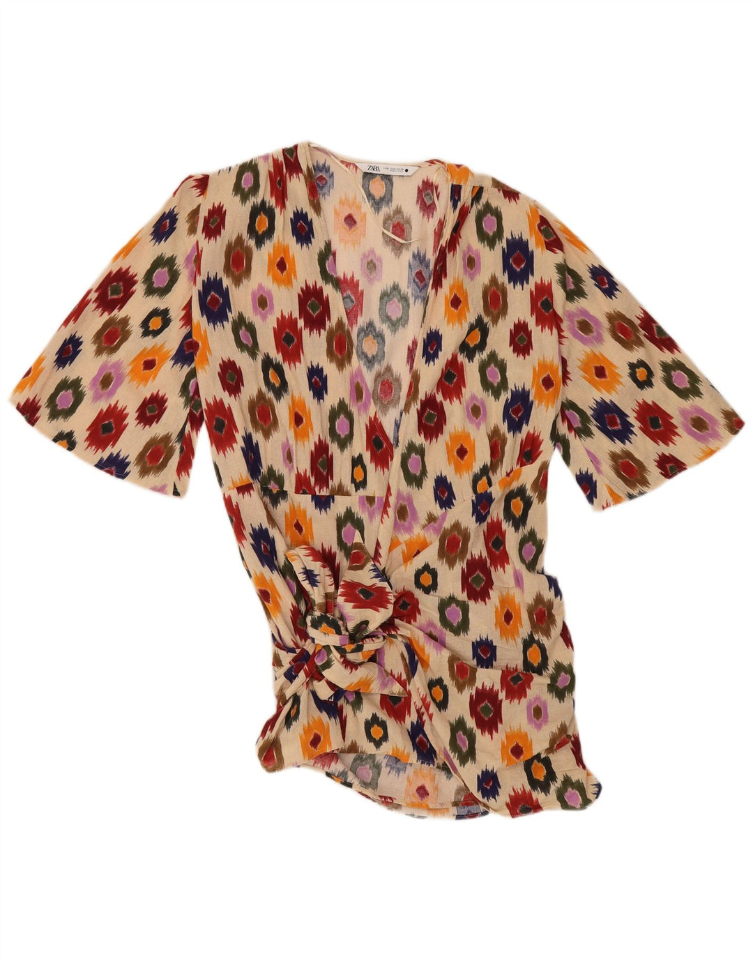 Túnica feminina Zara com gravata frontal Reino Unido 14 algodão Ikat bege médio