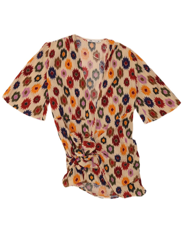 Túnica feminina Zara com gravata frontal Reino Unido 14 algodão Ikat bege médio