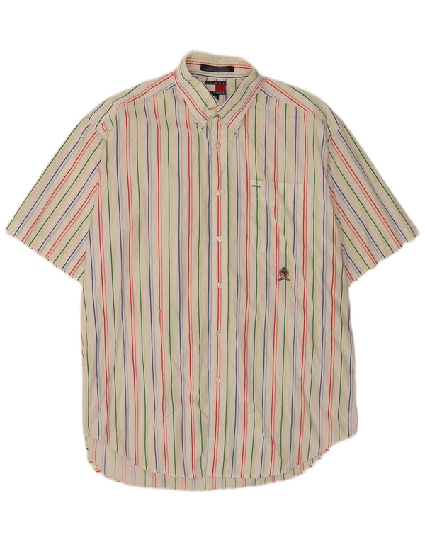 Tommy Hilfiger Camisa masculina de manga curta regular fit média listrada branca