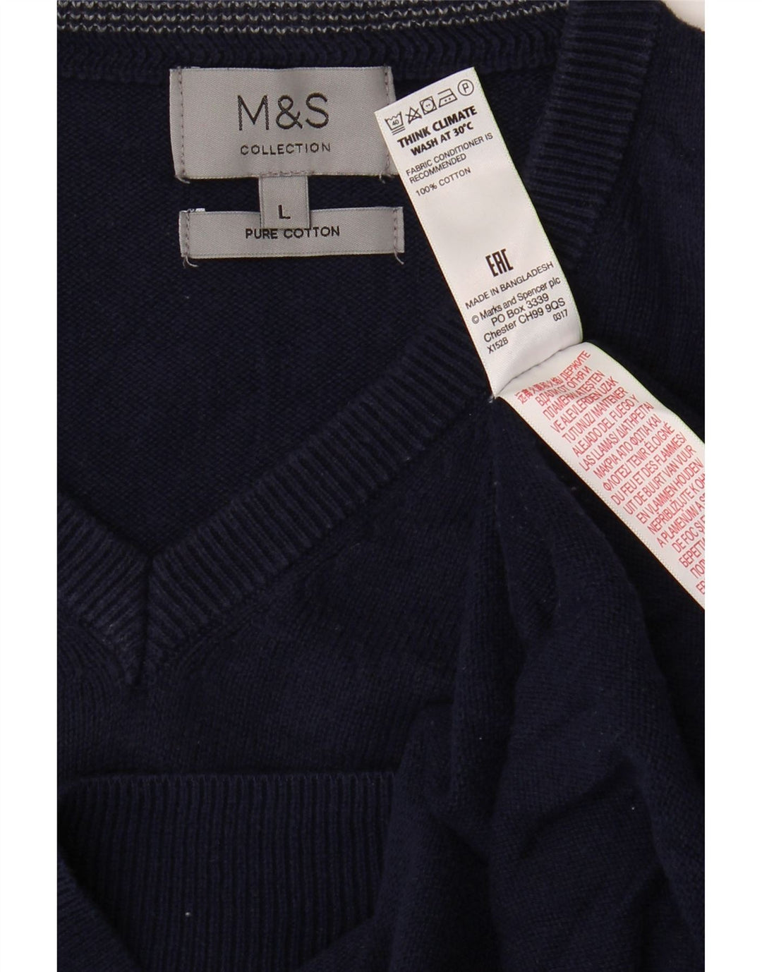 Suéter masculino Marks & Spencer com decote em V grande algodão azul marinho