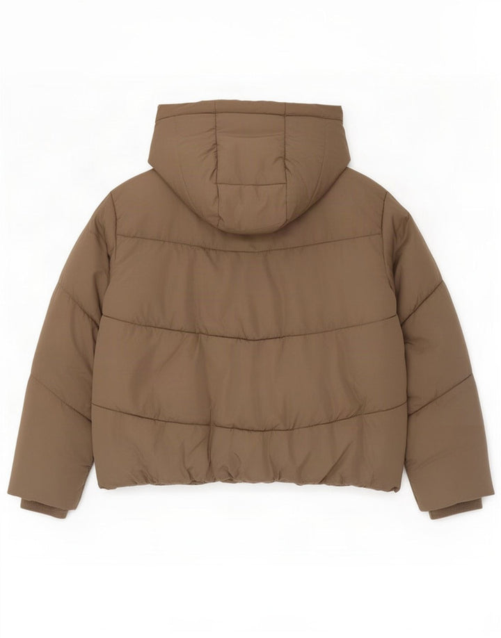 Jaqueta acolchoada com capuz grande Zara para mulher UK 10 poliéster marrom pequeno