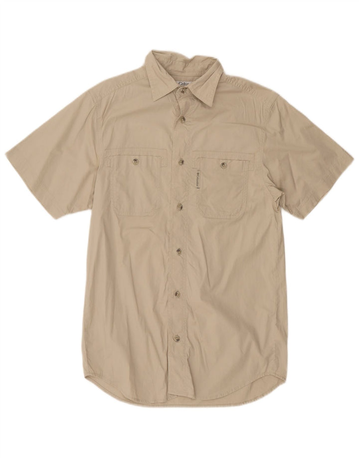 Columbia Camisa masculina de manga curta pequena bege algodão