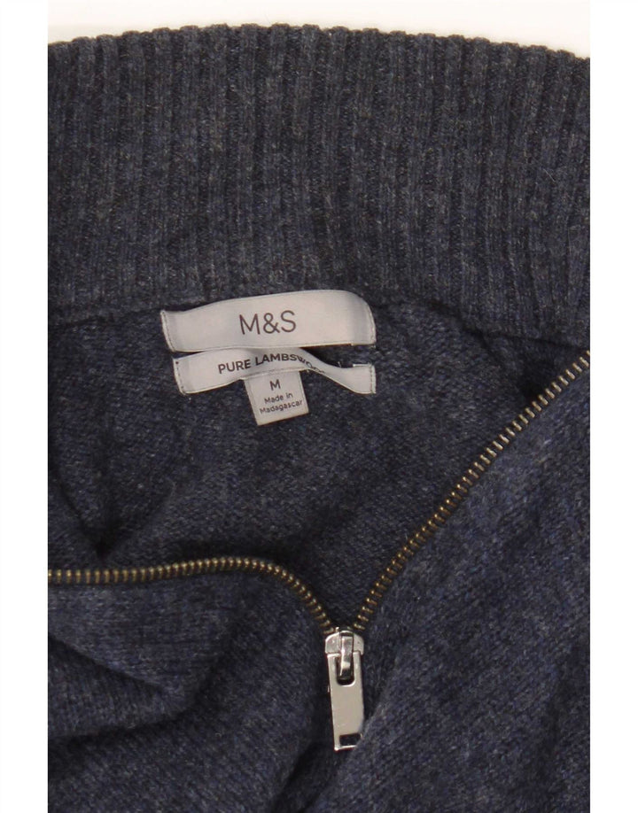 Suéter masculino Marks & Spencer com zíper e gola em lã de carneiro azul marinho médio