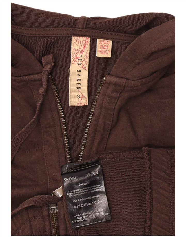 Suéter feminino Ted Baker com capuz e zíper gráfico tamanho 3 algodão marrom médio