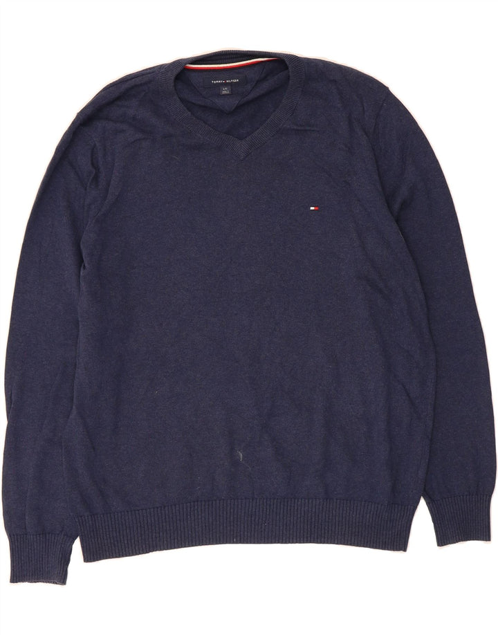 TOMMY HILFIGER Mens V-Neck Jumper Sweater Large Navy Blue Cotton Vintage Tommy Hilfiger and Second-Hand Tommy Hilfiger from Messina Hembry 