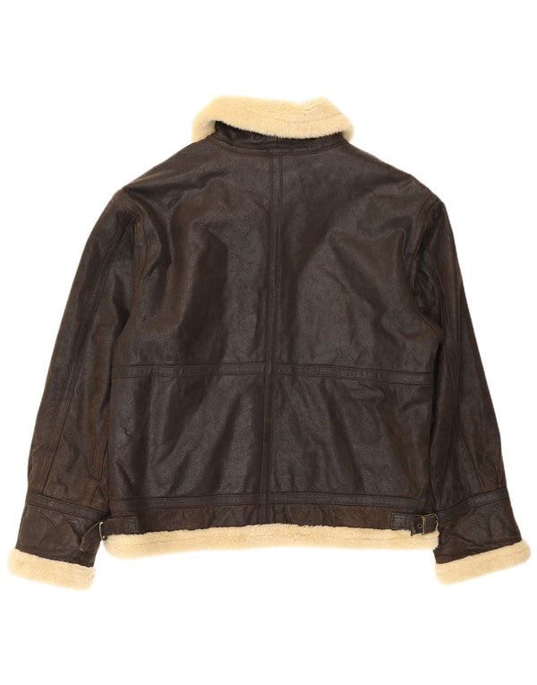 Jaqueta de couro Sherpa masculina vintage Reino Unido 38 bloco colorido marrom médio