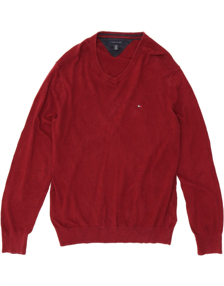 TOMMY HILFIGER Mens V-Neck Jumper Sweater XL Burgundy Cotton Vintage Tommy Hilfiger and Second-Hand Tommy Hilfiger from Messina Hembry 
