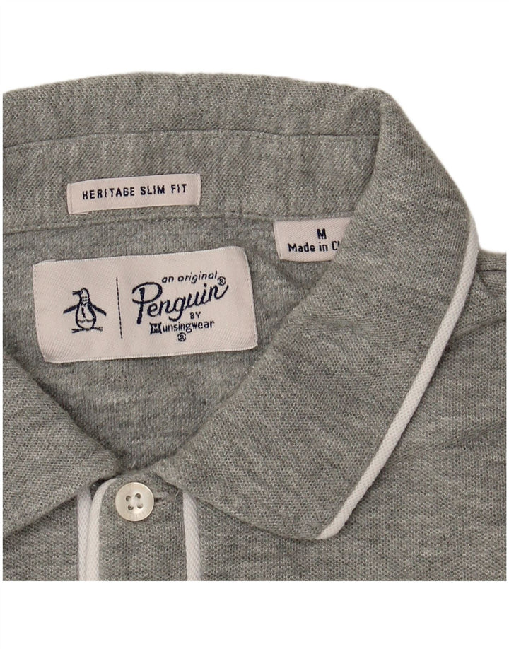 Camisa polo masculina Penguin Heritage Slim Fit cinza médio listrado