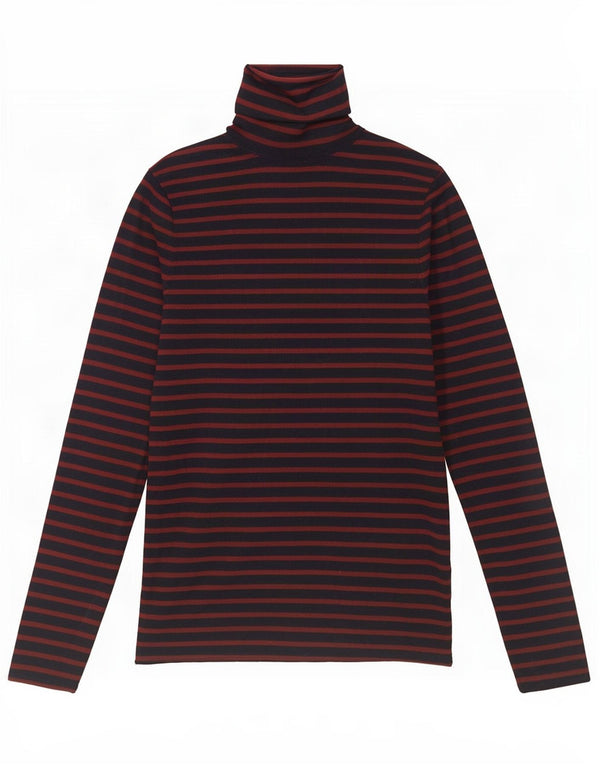 Top feminino Zara manga comprida UK 12 viscose listrada azul marinho médio