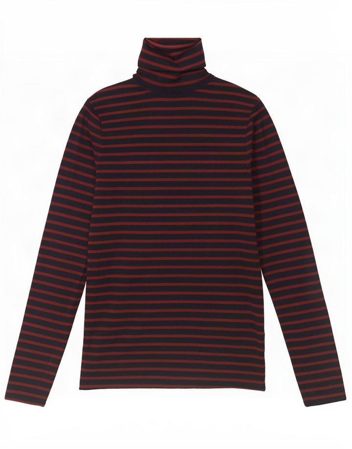 Top feminino Zara manga comprida UK 12 viscose listrada azul marinho médio