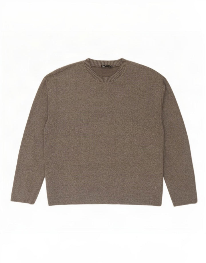 Zara Suéter feminino com gola redonda, Reino Unido 16, grande, cinza, poliéster