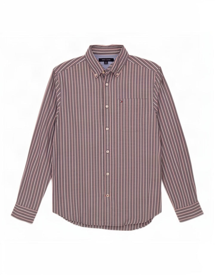Camisa masculina Tommy Hilfiger pequena listrada cinza algodão