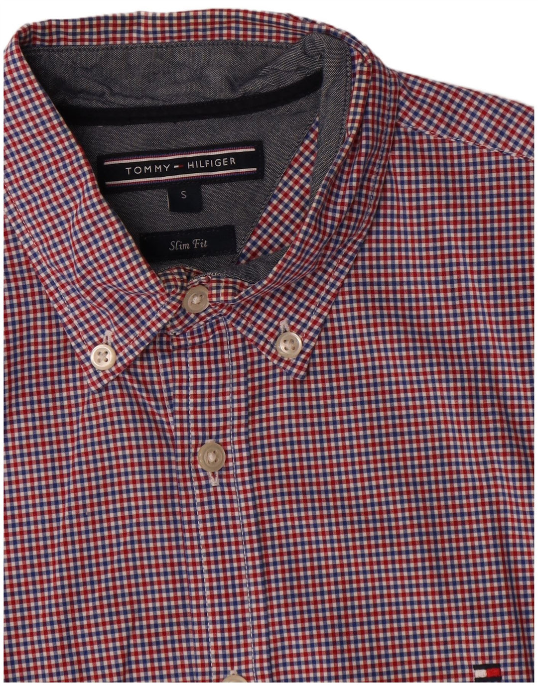 Tommy Hilfiger Camisa masculina slim fit pequena de algodão vermelho guingão