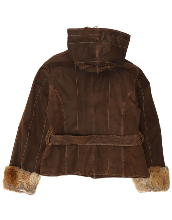 Jaqueta de couro com capuz feminino vintage IT 48 XL couro marrom