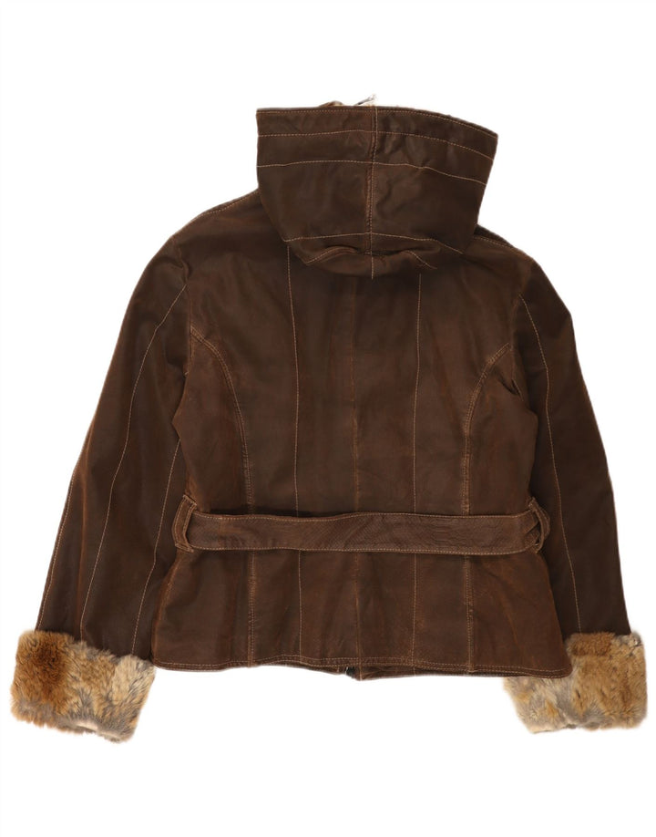 Jaqueta de couro com capuz feminino vintage IT 48 XL couro marrom