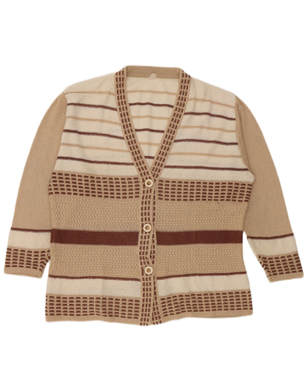 Suéter cardigã feminino vintage manga 3/4 Reino Unido 18 XL bege listrado viscose