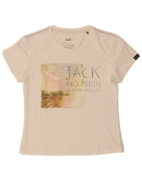 Camiseta feminina gráfica Jack Wolfskin UK 6 XS branca