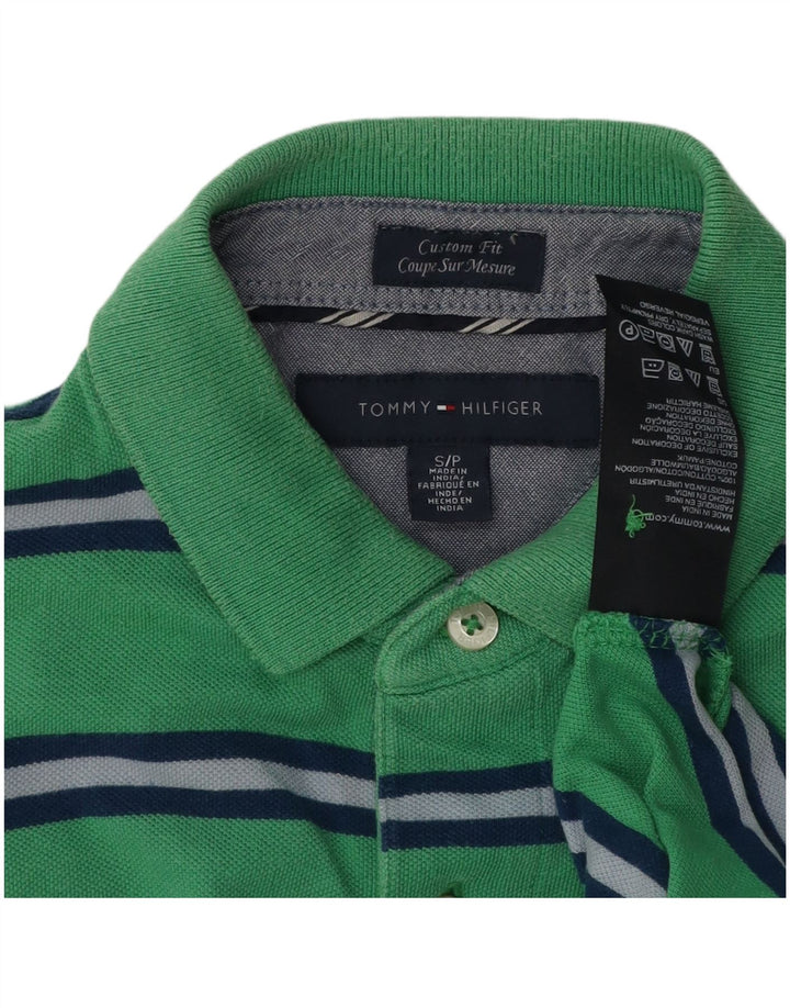 Camisa polo masculina TOMMY HILFIGER Custom Fit pequena listrada verde de algodão