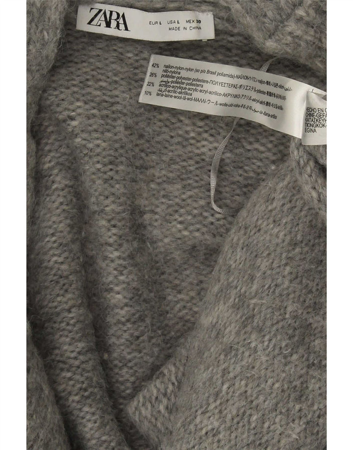 Suéter cardigã feminino Zara com gravata frontal grande, Reino Unido 16, grande, cinza, nylon