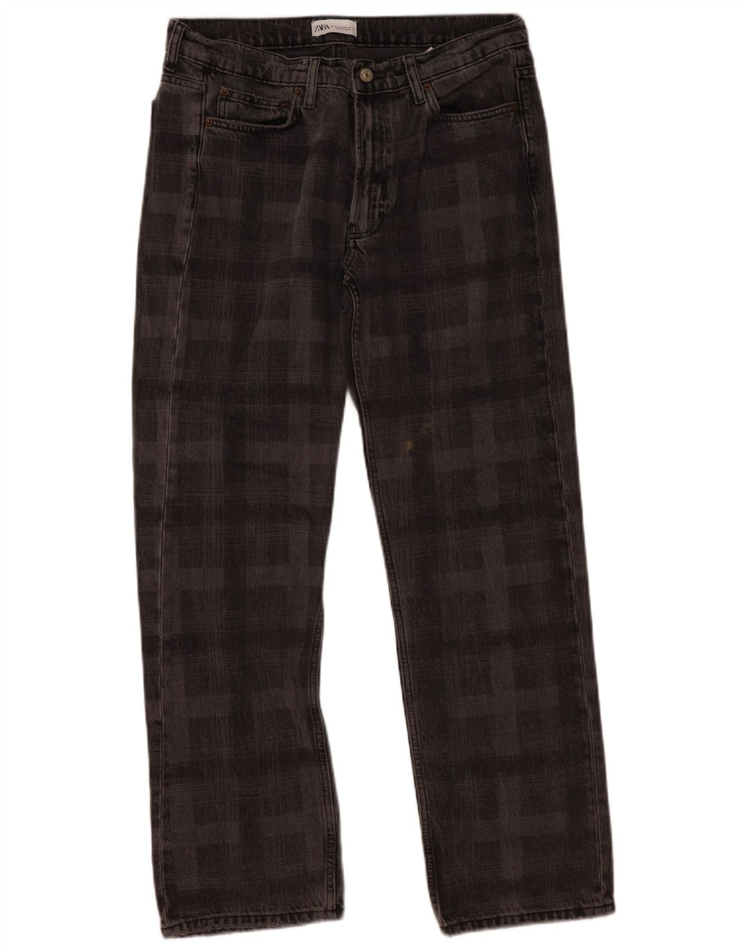 Calça jeans reta feminina Zara EU 42 grande W32 L30 cinza xadrez algodão