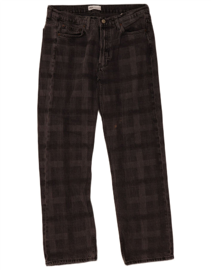 Calça jeans reta feminina Zara EU 42 grande W32 L30 cinza xadrez algodão