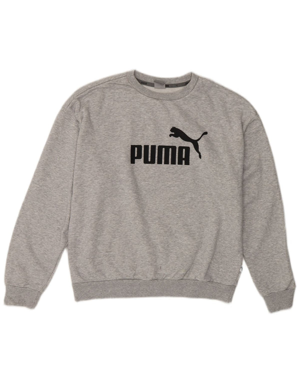 PUMA moletom gráfico feminino jumper UK 14 algodão manchado cinza médio