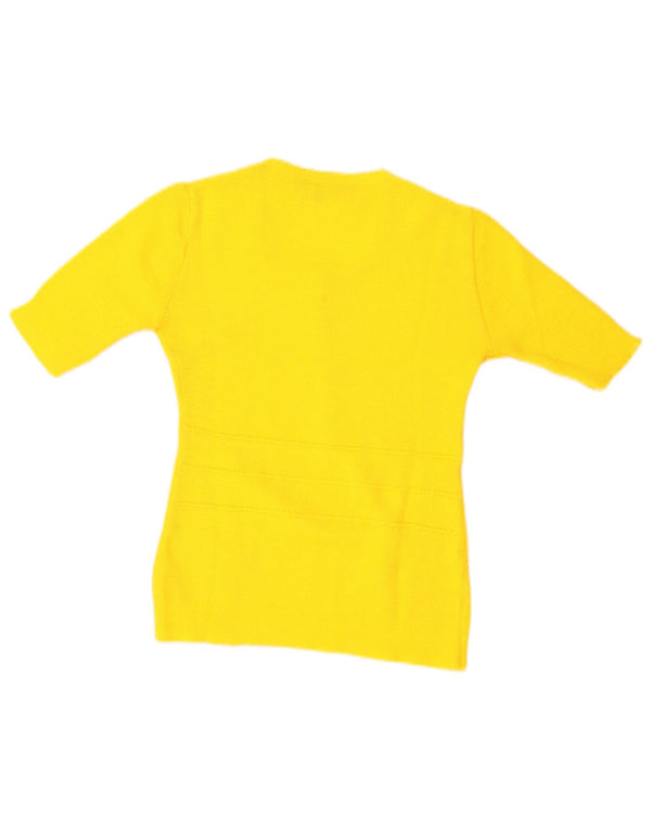Suéter feminino vintage com gola canoa UK 12 floral amarelo médio