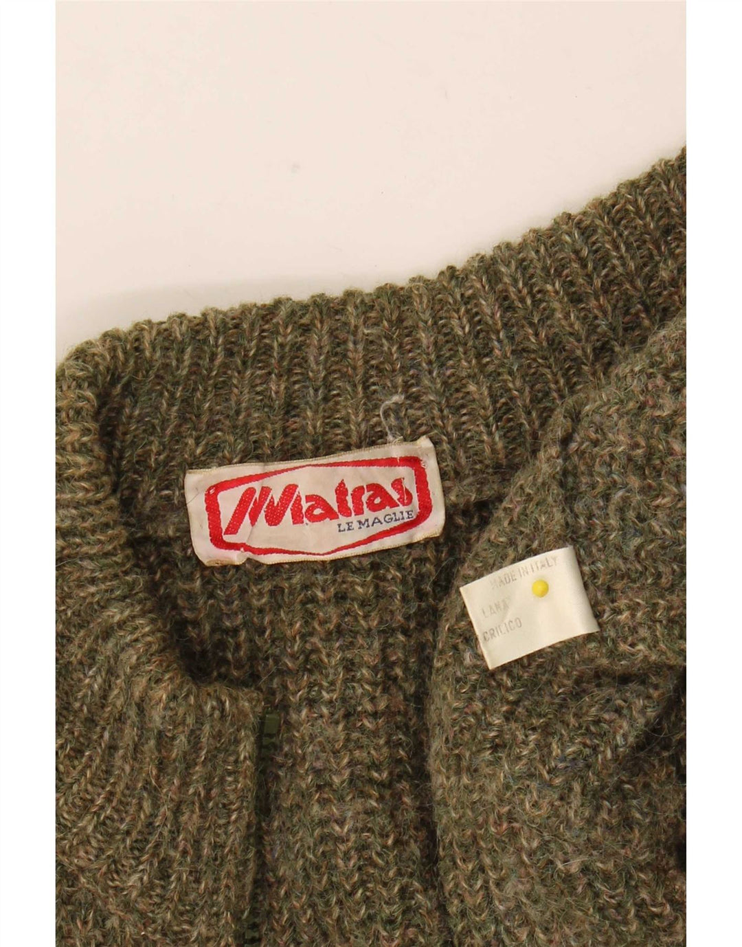 Suéter masculino vintage com zíper completo lã manchada cáqui médio