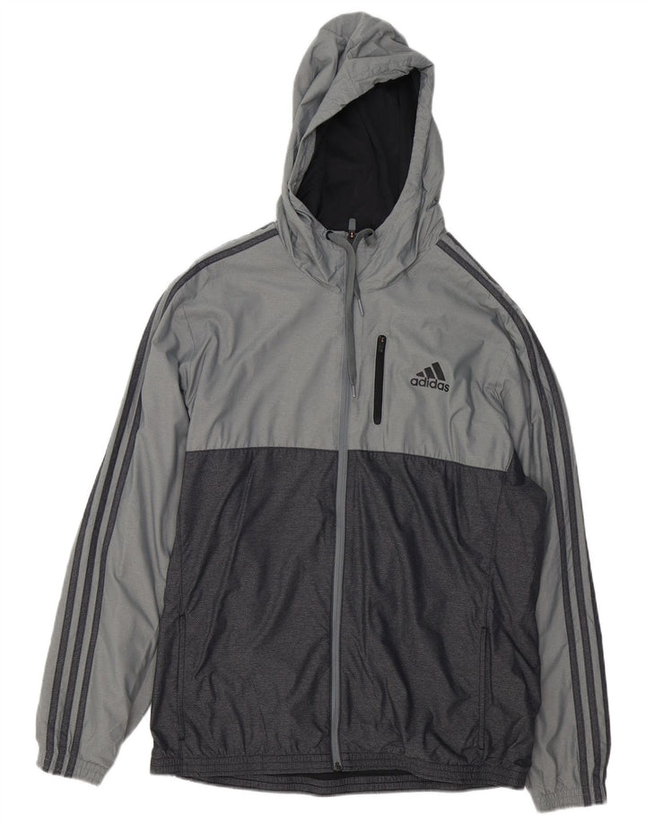 ADIDAS Mens Hooded Tracksuit Top Jacket Grande Cinza Colourblock Nylon