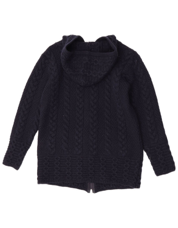 Suéter cardigã feminino com capuz Aran Crafts Reino Unido 6 XS azul marinho lã merino
