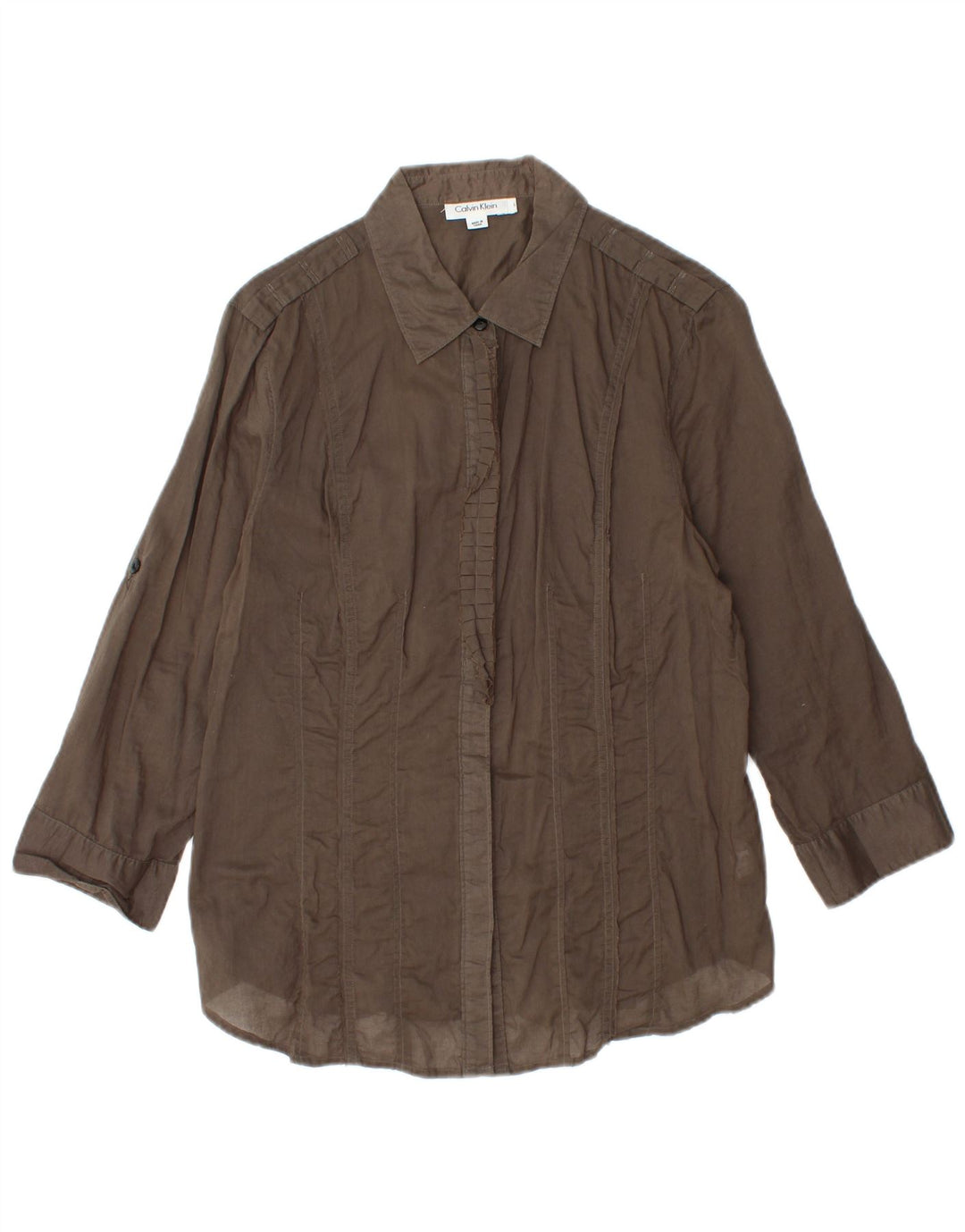 Camisa feminina CALVIN KLEIN manga 3/4 com babados na frente Reino Unido 14 grande algodão marrom