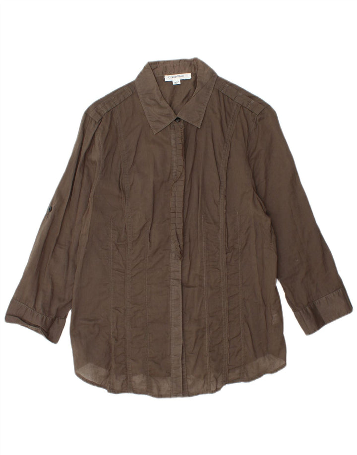 Camisa feminina CALVIN KLEIN manga 3/4 com babados na frente Reino Unido 14 grande algodão marrom