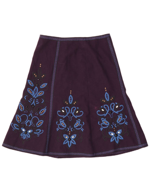 Monsoon Saia feminina estampada em linha A Reino Unido 14 grande W32 poliéster floral roxo