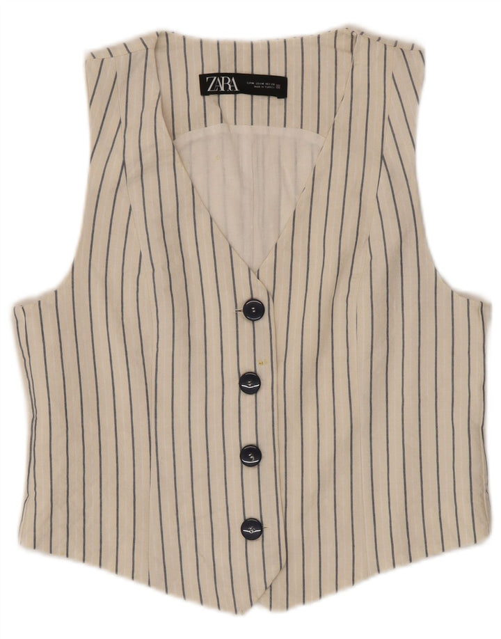 Colete feminino Zara UK 12 algodão listrado branco médio