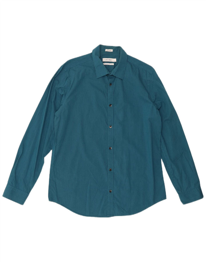 Camisa masculina CALVIN KLEIN de algodão listrado azul médio